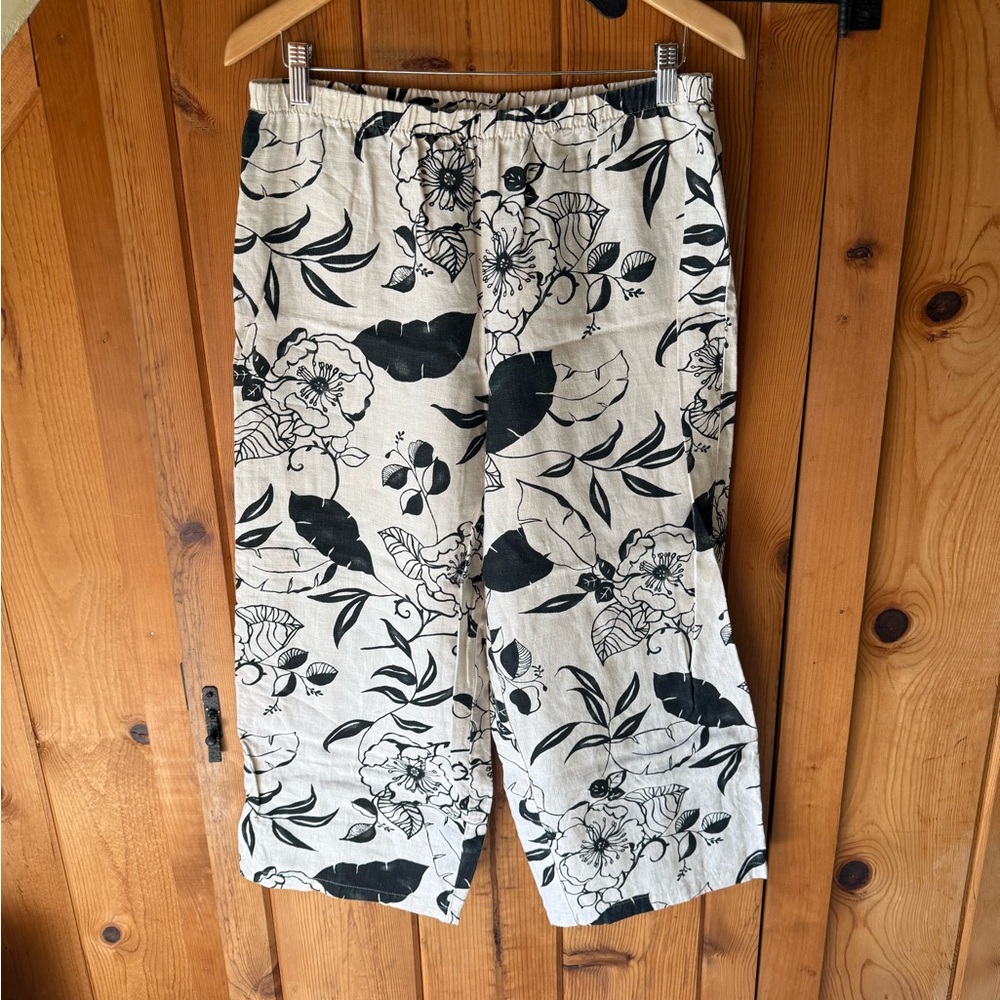 Hot Cotton Cream Wide Leg 100% Linen Pants with Black Print